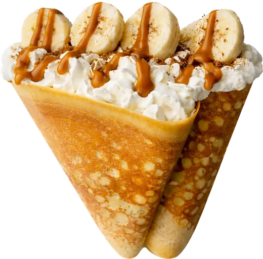 Banoffee crepe cone with banana, caramel, coffee dust, and graham crumble