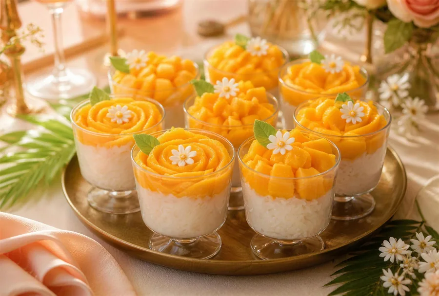 Mango sticky rice cups arranged on a gold tray as the centerpiece of a dessert table