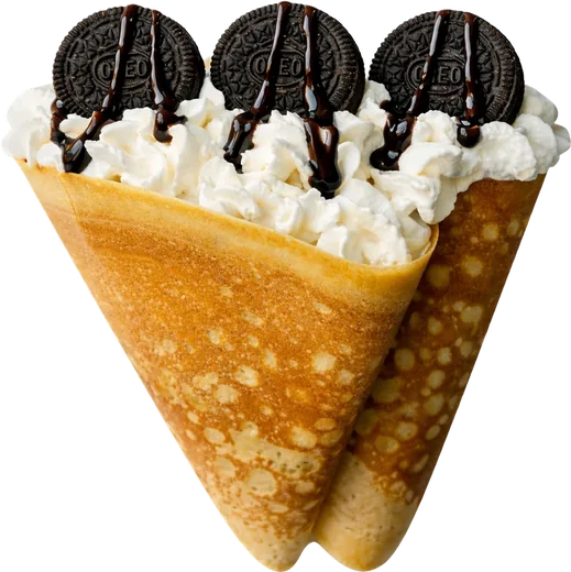 Cookies and Cream crepe cone piled with vanilla cream and crushed chocolate cookies