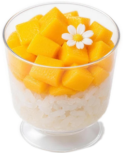 Clear cup of Thai mango sticky rice: coconut sticky rice topped with hand-cut fresh mango cubes and a small sugar flower