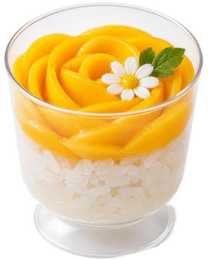 Clear cup of Thai mango sticky rice: coconut sticky rice topped with a hand-shaped mango rose and a small sugar flower