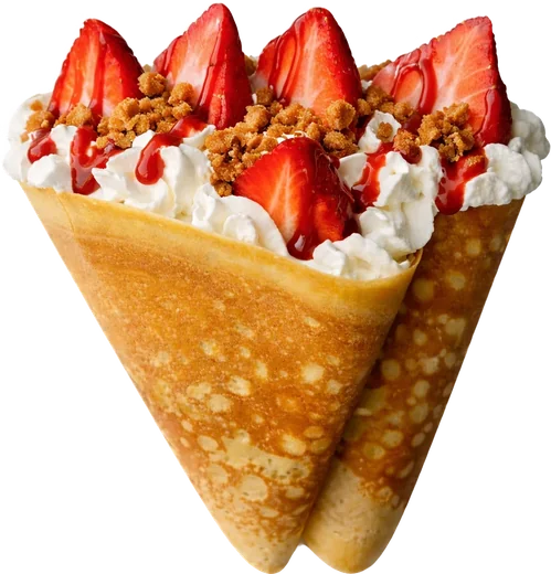 Strawberry Cookie Butter Cream crepe cone with fresh strawberries and Biscoff spread