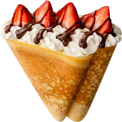 Strawberry Nutella Cream crepe cone topped with strawberries and chocolate drizzle
